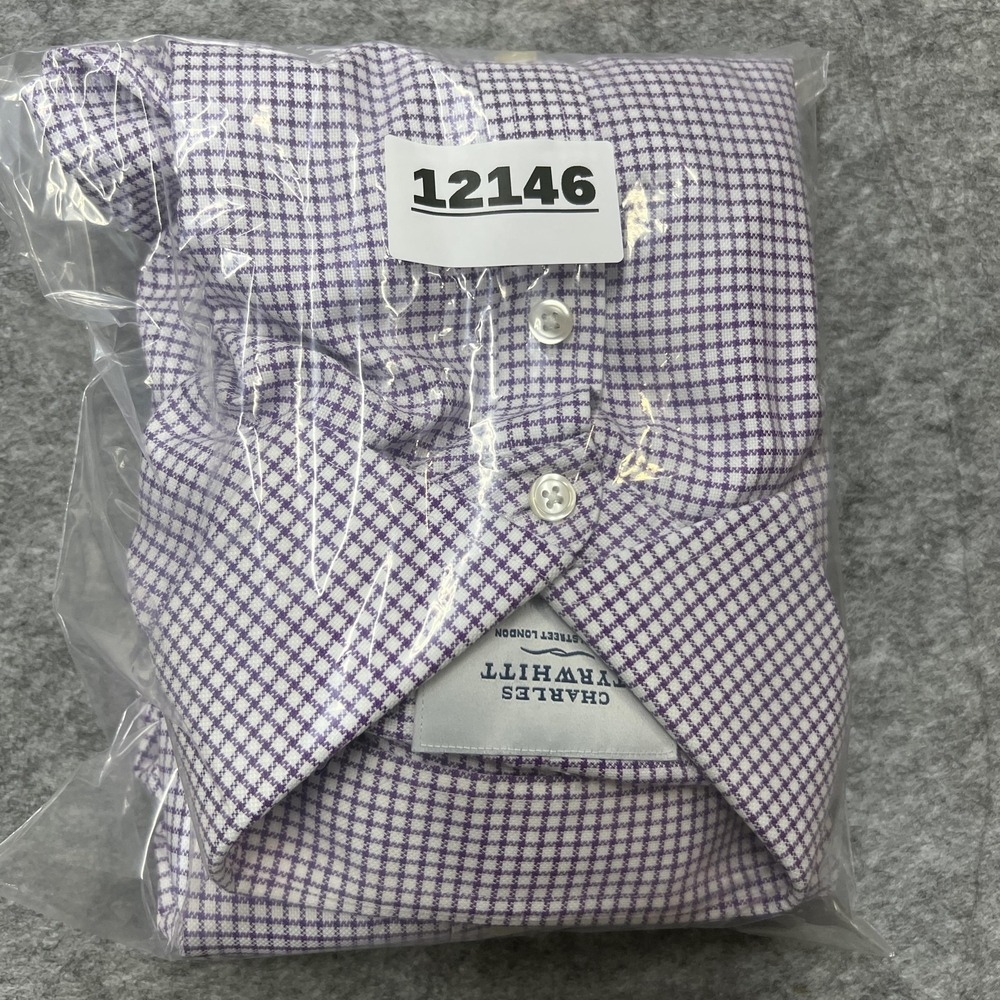 Charles Tyrwhitt Shirt Mens 15.5 34/35 Purple Check Extra‎ Slim Non Iron French - Picture 15 of 15